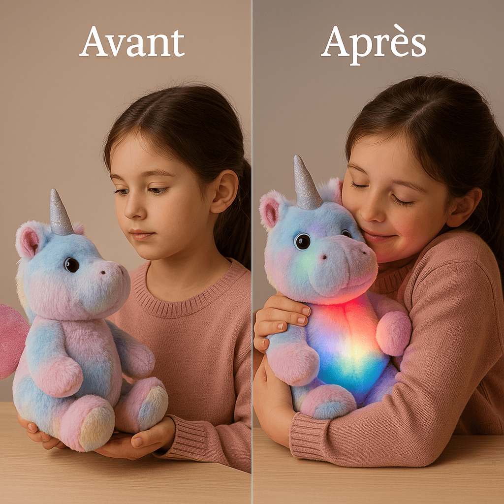 Avant et après peluche licorne lumineuse LED : une fillette passe de la curiosité à la tendresse en découvrant la peluche magique qui s’illumine, cadeau apaisant pour enfant.