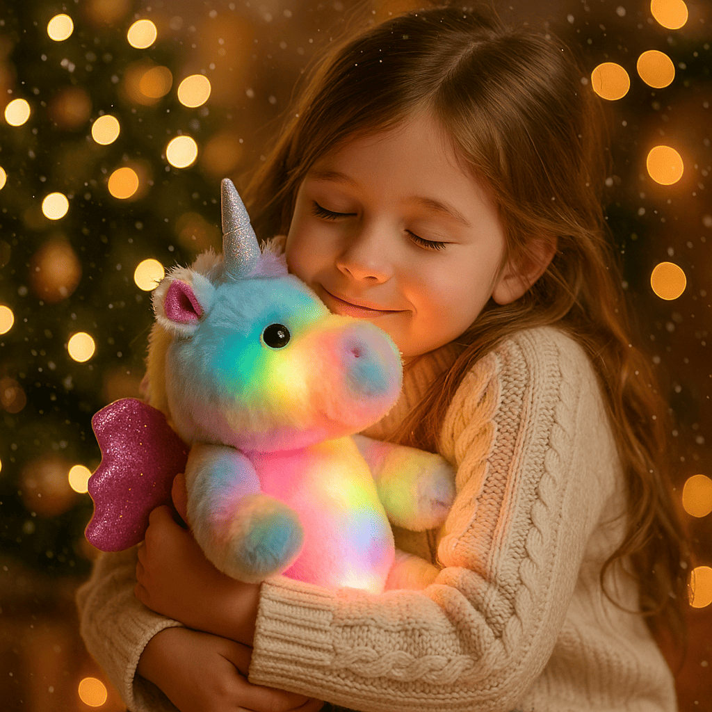 Fillette souriante serrant une peluche licorne lumineuse LED multicolore devant un sapin de Noël, idée cadeau magique pour enfant.
