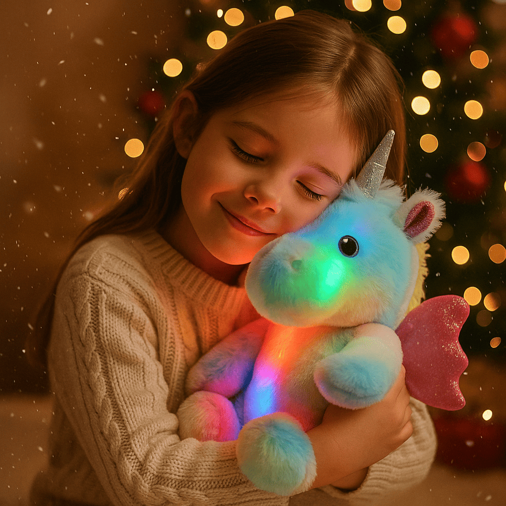 Fillette souriante serrant une peluche licorne lumineuse LED multicolore devant un sapin de Noël, idée cadeau magique pour enfant.