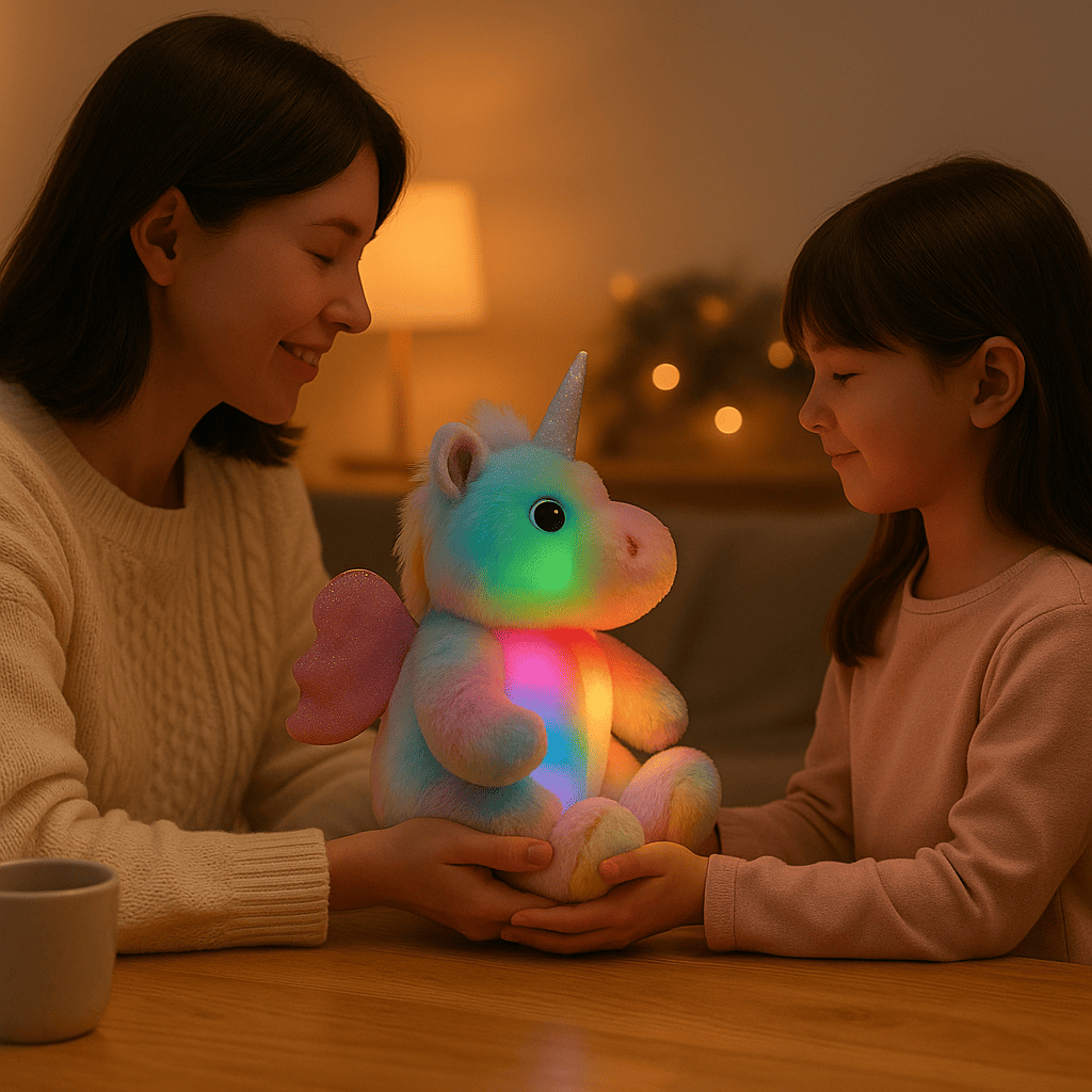 Maman et fille jouant avec une peluche licorne lumineuse LED arc-en-ciel, peluche douce éducative et apaisante pour enfant.