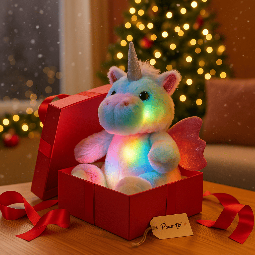Peluche licorne lumineuse LED 30cm, veilleuse arc-en-ciel apaisante pour enfant, idée cadeau Noël fille garçon.