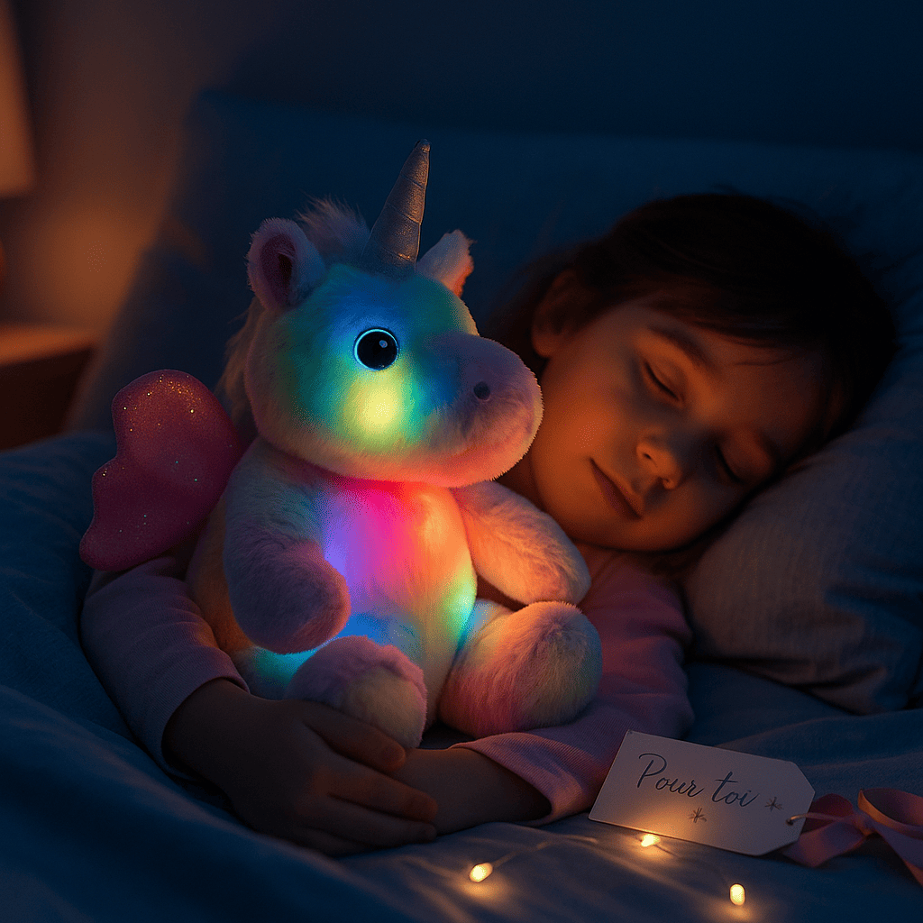 Peluche licorne lumineuse LED dans une boîte cadeau rouge, idée cadeau Noël enfant fille garçon, veilleuse licorne arc-en-ciel.