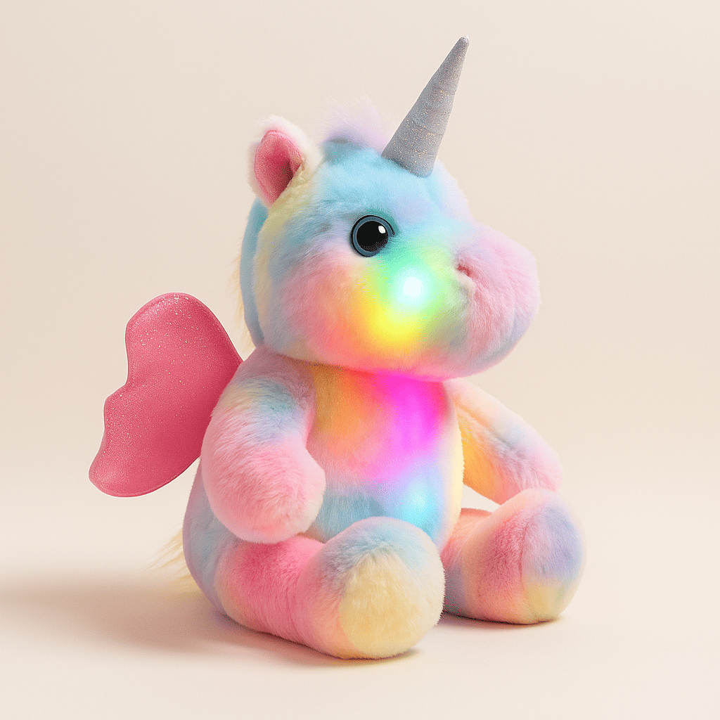 Peluche licorne lumineuse LED multicolore avec ailes roses et corne argentée, jouet doux et magique pour enfant, idée cadeau Noël.