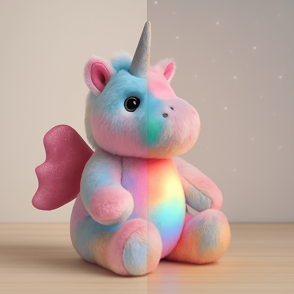 Peluche licorne lumineuse LED multicolore avec ailes roses et corne argentée, jouet doux et magique pour enfant, idée cadeau Noël.